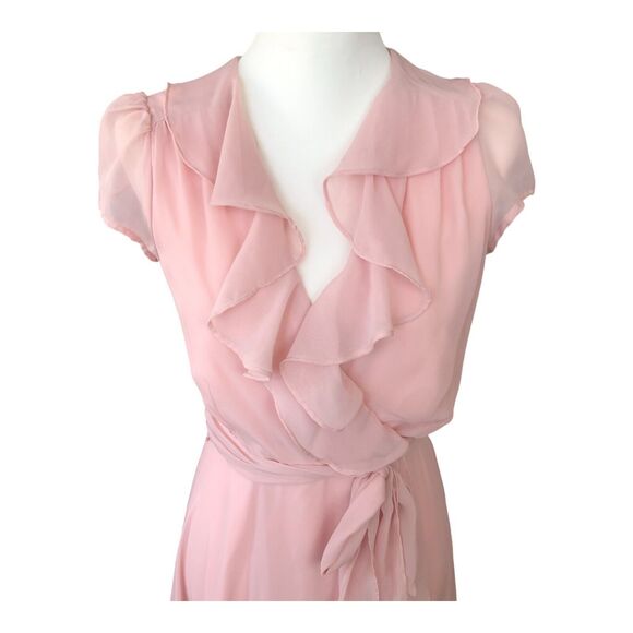 Maison Tara Women's Pink Romantic V-neck Ruffle Flowy Midi Cocktail Dress S - Picture 2 of 13
